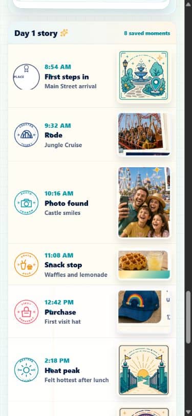 Park Magic Live trip recap showing rides, photos, food, purchases, and story moments in order