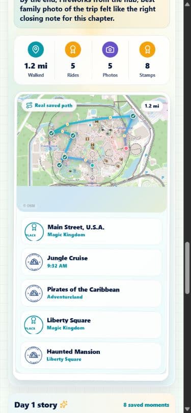 A sample recap showing the saved park route, distance walked, and visited places