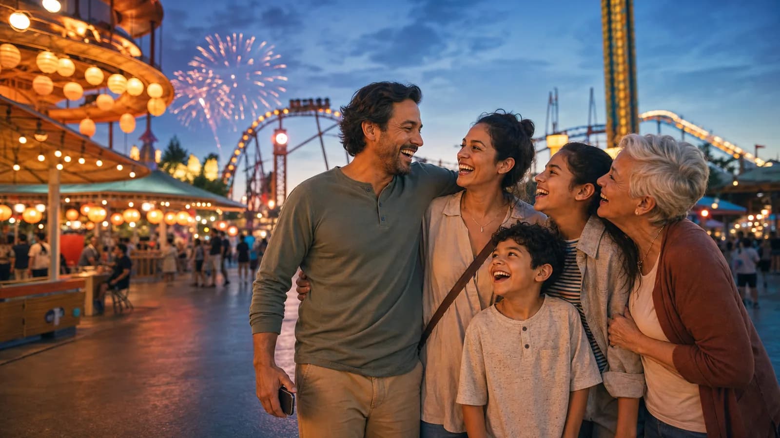 A family laughing together during an evening at a theme park